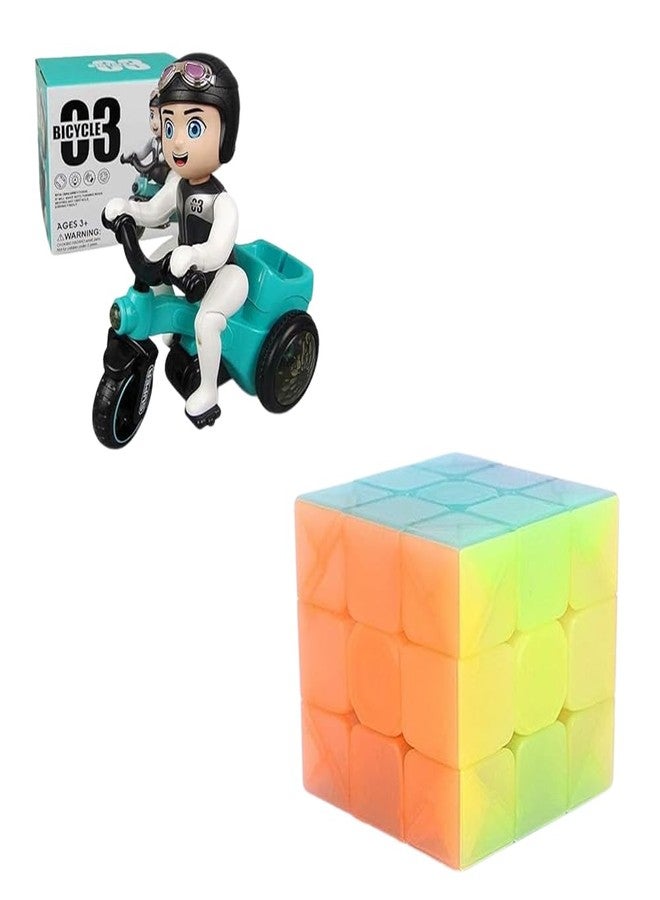 MKY Stunt Tricycle Bump & Go 360 Degree Rotating Spot Stunt Dancing Motorcycle Toy and 3x3 Jelly Speed Cube Stickerless I 3x3x3 Puzzle Cube Magic Cube Puzzle for Kids (Combo of 2) - Image 1